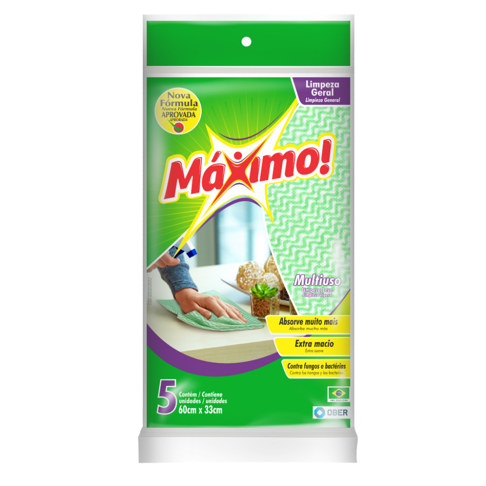 Pano Multiuso Limpeza Leve Máximo! 33cm x 60cm - 05 Folhas - Verde